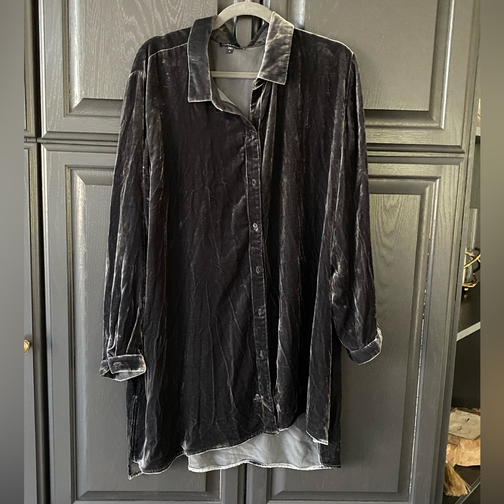 Eileen Fisher Velvet Button Up Shirt Graphite 1X Silk Blend Oversized - Picture 3 of 11